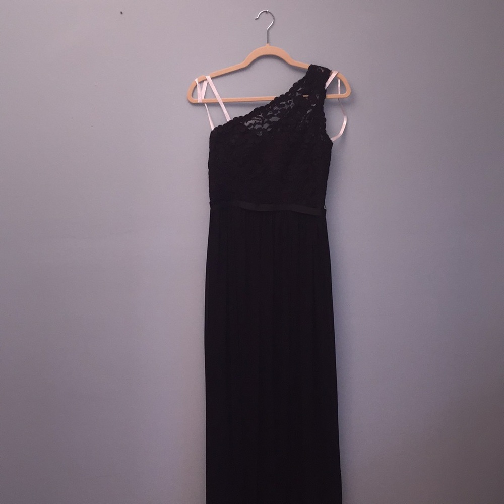 David’s Bridal one-shoulder black bridesmaid dress